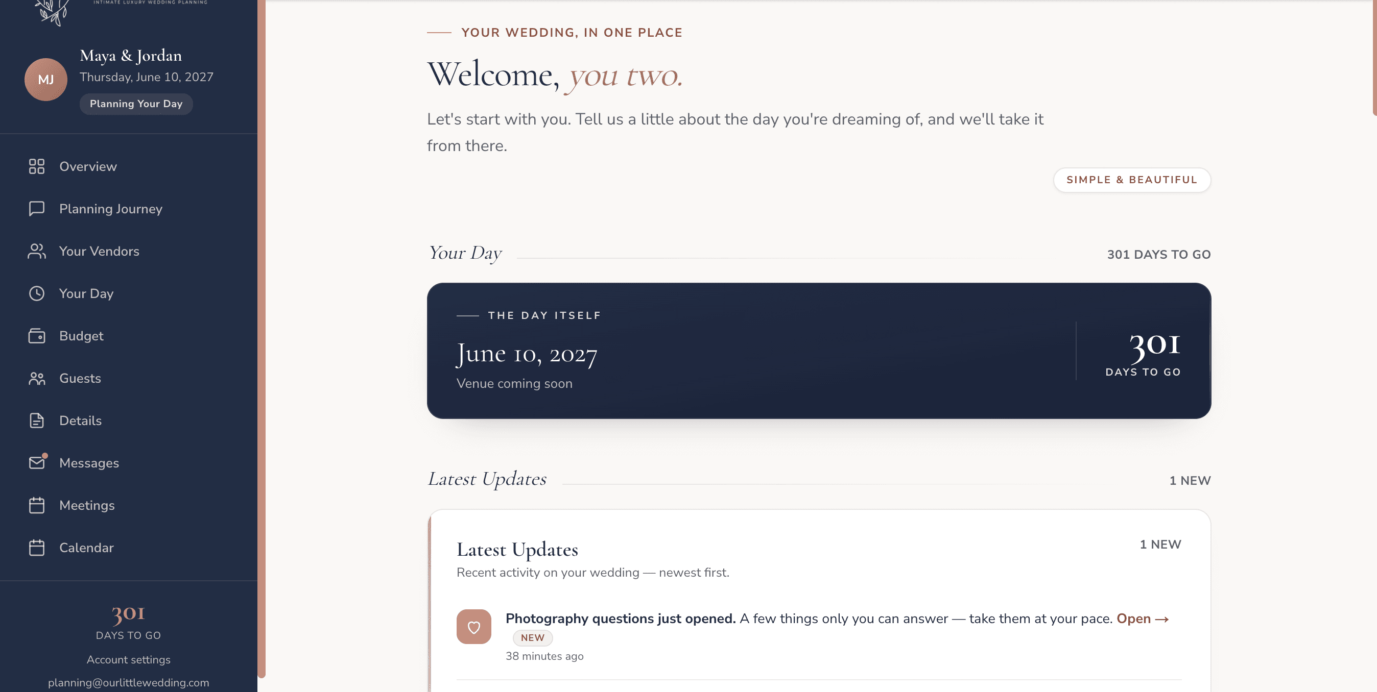 The Our Little Wedding planning portal dashboard. Your Day countdown, latest updates, and next steps in one view