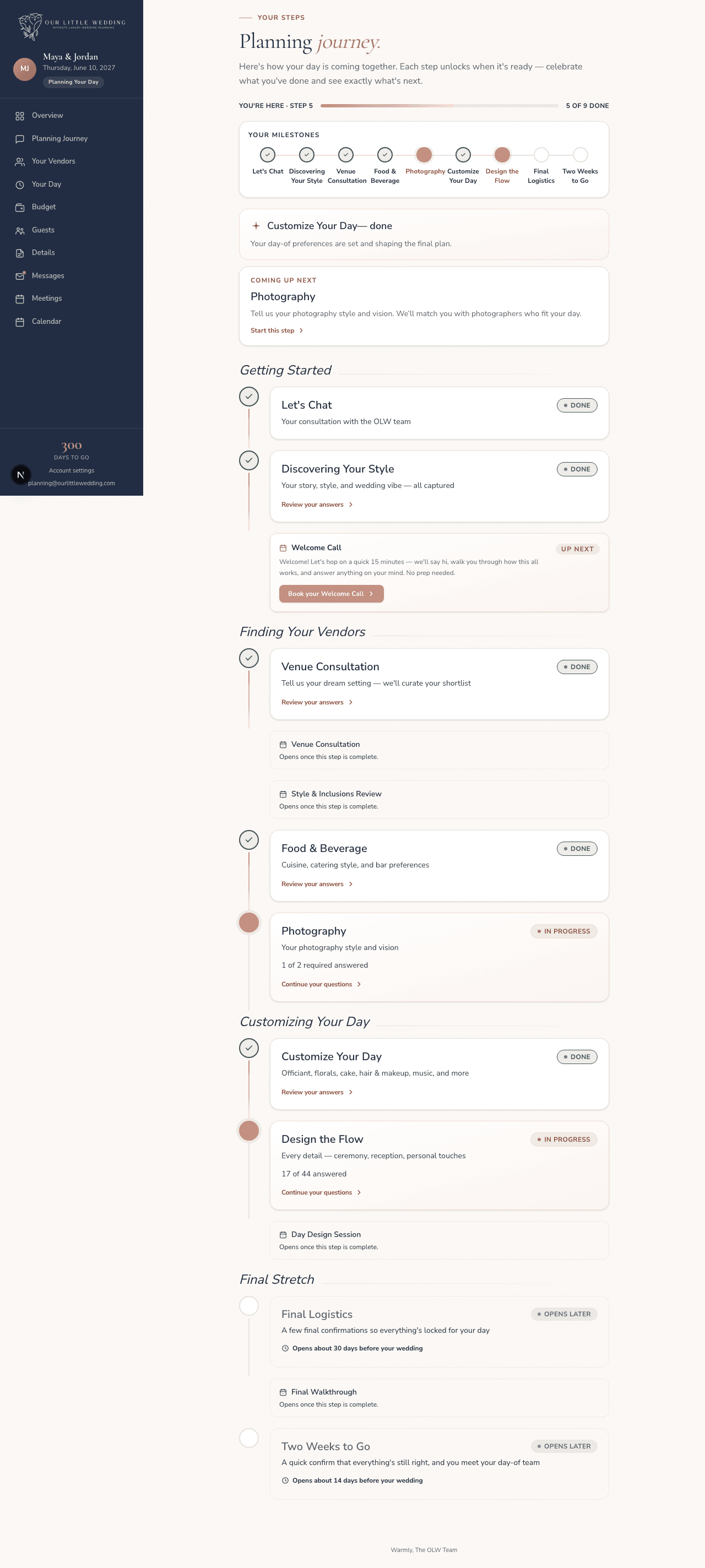 The Planning Journey in the portal, nine milestones, five of nine done, with the Your Wedding Vibe card inline