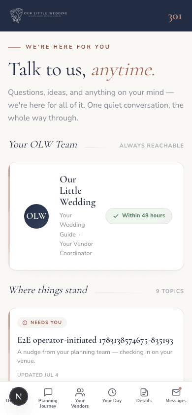 Messages in the portal on a phone, one place to talk to your team, with where things stand at a glance