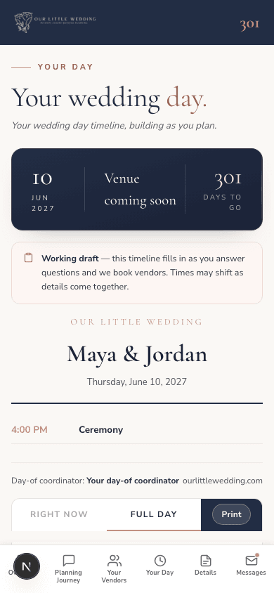Your Day timeline in the portal on a phone, a working draft that fills in as you plan and we book vendors