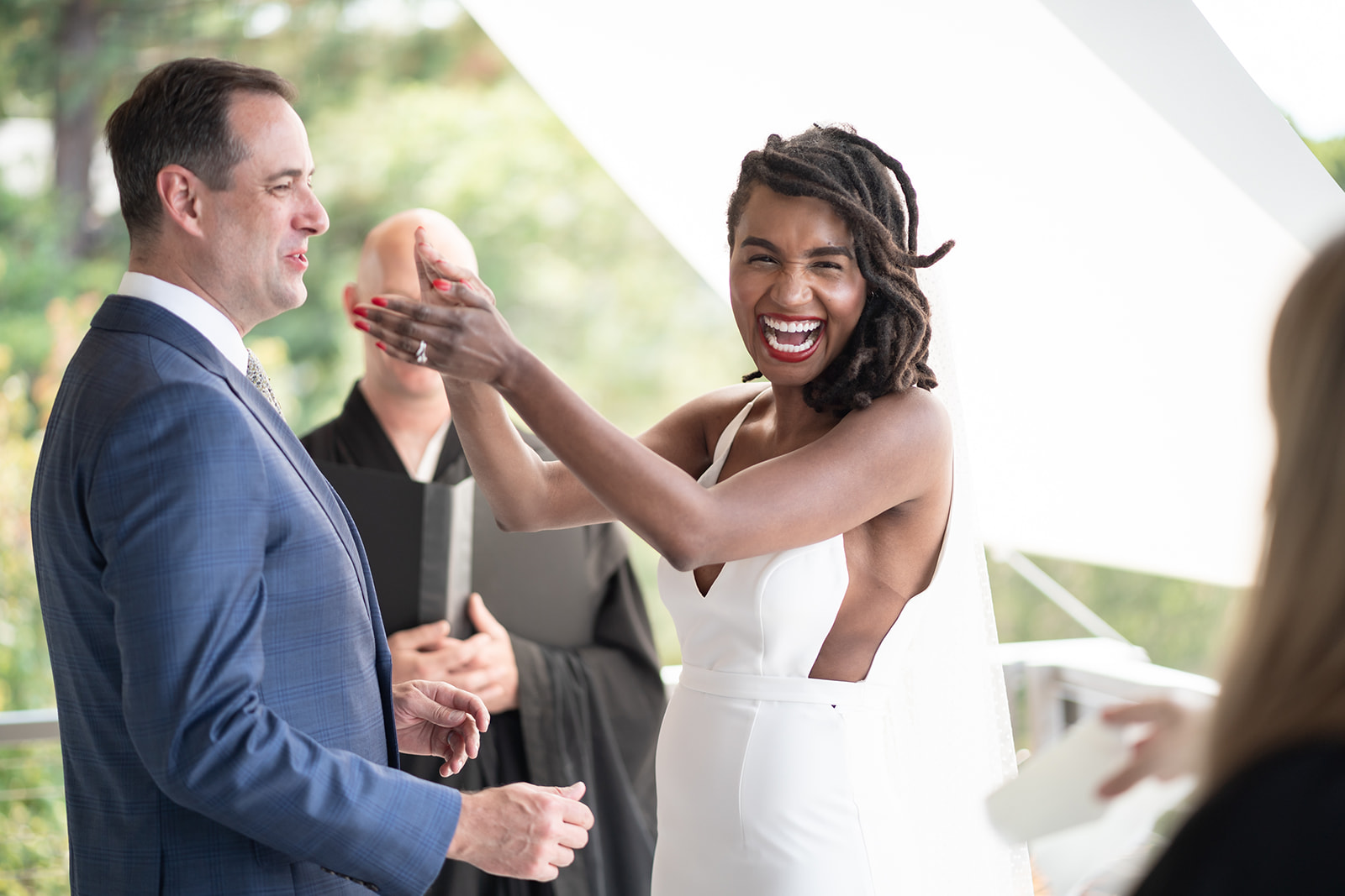 Couple laughing during their Marin County wedding ceremony